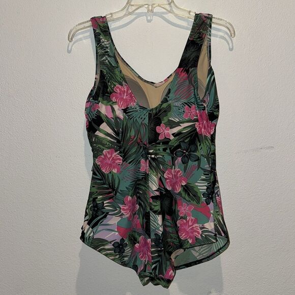 Swimsuits For All Sarong Front One Piece Swimsuit Green/Pink Hibiscus Floral - Picture 5 of 12